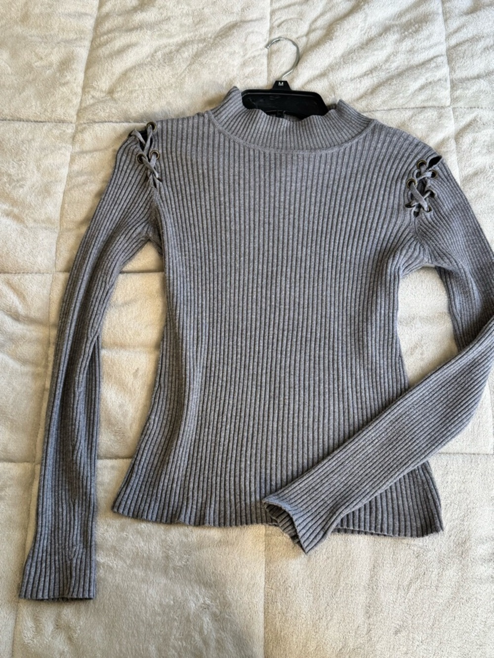 Harve Benard Gray Ribbed Mock Neck Sweater with Lace-Up Shoulders